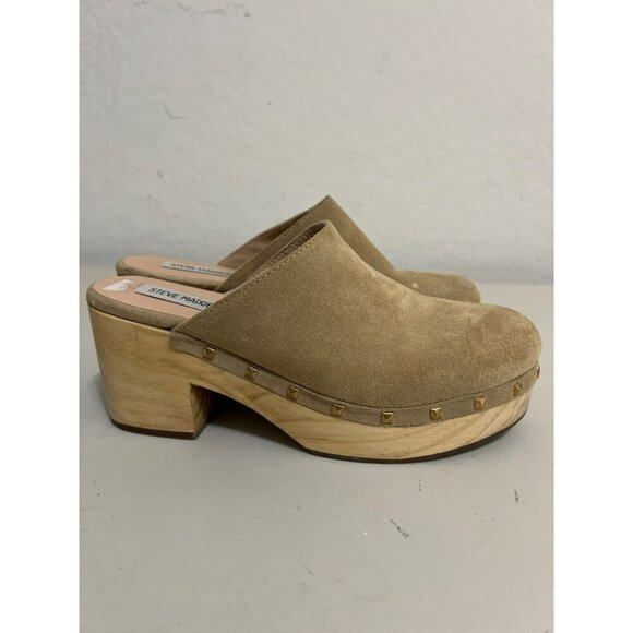 Steve Madden Brooklyn Beige Leather Suede Gold Studded Clog 9M - Picture 7 of 9